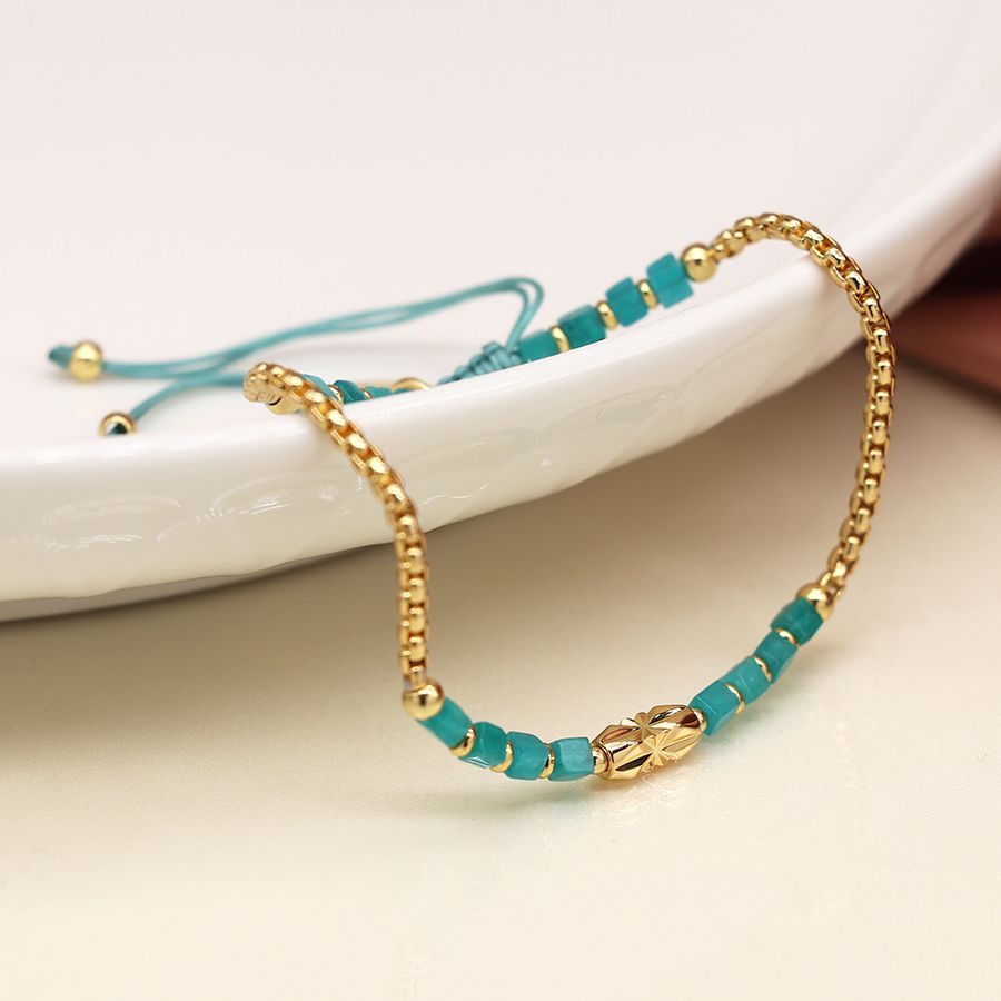 Golden Chain And Aqua Bead Adjustable Bracelet