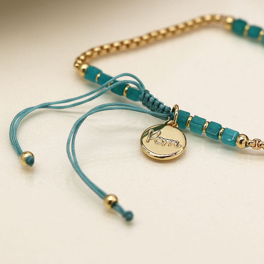 Golden Chain And Aqua Bead Adjustable Bracelet