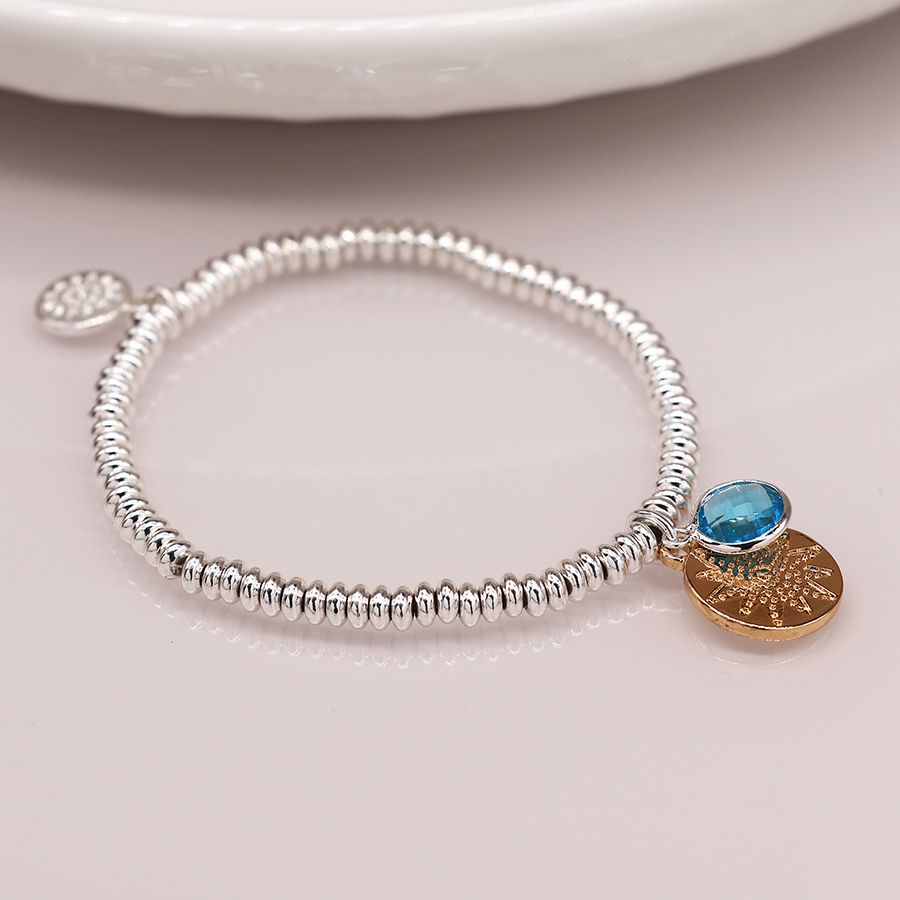 Silver Plated Bead Bracelet With Golden Disc And Aqua Crystal