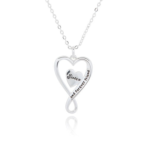 Double Heart Looped Silver Plated Necklace Sister