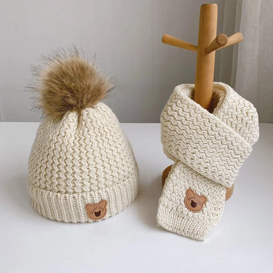 Children's Unisex Cream Beanie Hat & Scarf Set