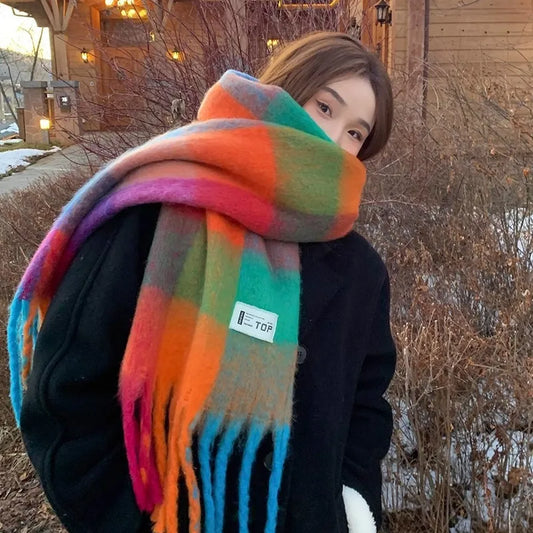 Winter Warm Rainbow Colour-block Plaid Scarf