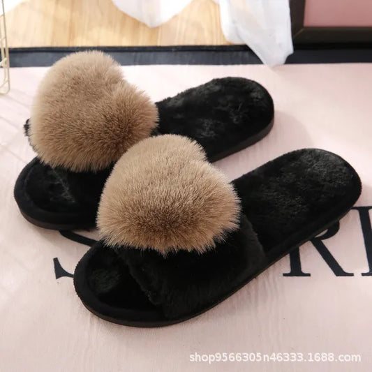 Brown/Black Women's Casual Heart Shape Solid Colour Round Toe Cotton Slippers