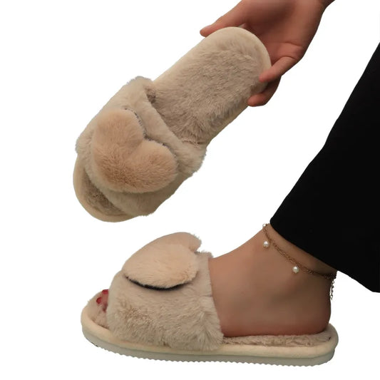 Khaki/Beige Women's Casual Heart Shape Solid Color Round Toe Cotton Slippers