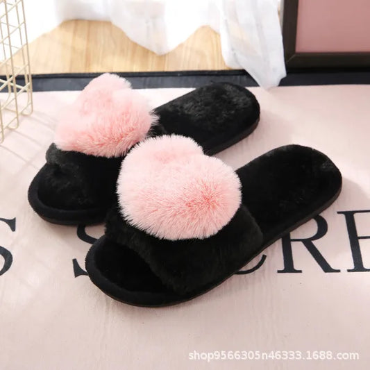 Pink/Black Women's Casual Heart Shape Solid Colour Round Toe Cotton Slippers