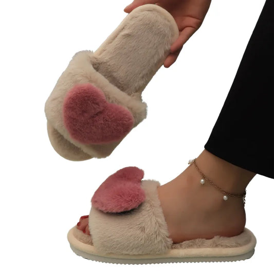 Pink/Khaki Women's Casual Heart Shape Solid Colour Round Toe Cotton Slippers