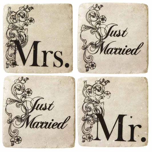 Vintage Style Coasters - Just Married - Set Of Four