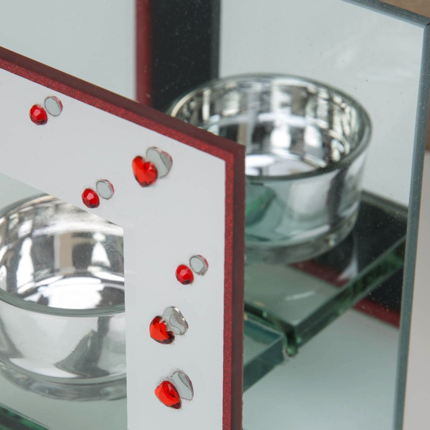 Glass Tea Light Holder With Red Diamante Hearts "LOVE"